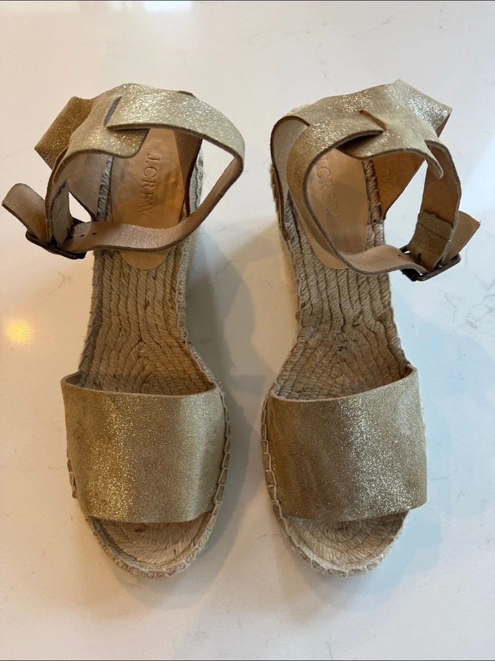 J Crew Gold Sparkle Espadrille Wedge Sandals with Ankle Buckle Strap Sz: 11